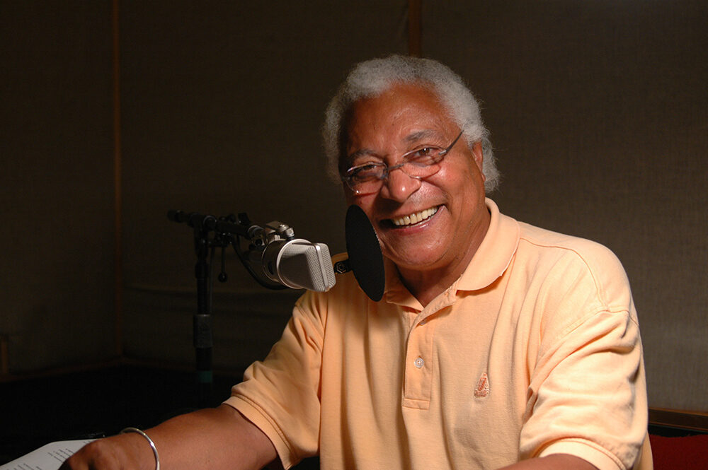 Georges at the Afropop mic at Lion and Fox studio in Washington, DC