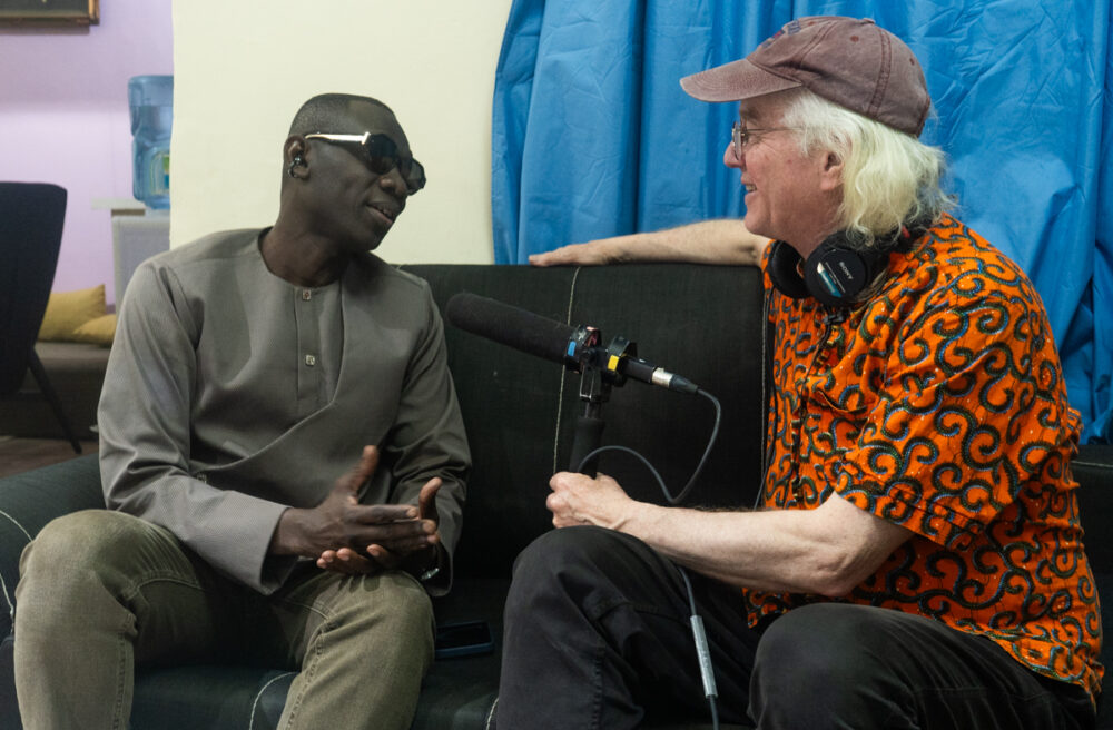 Pape Diouf and Banning Eyre at Papis Konate Studio in Dakar. Photo by Sean Barlow.